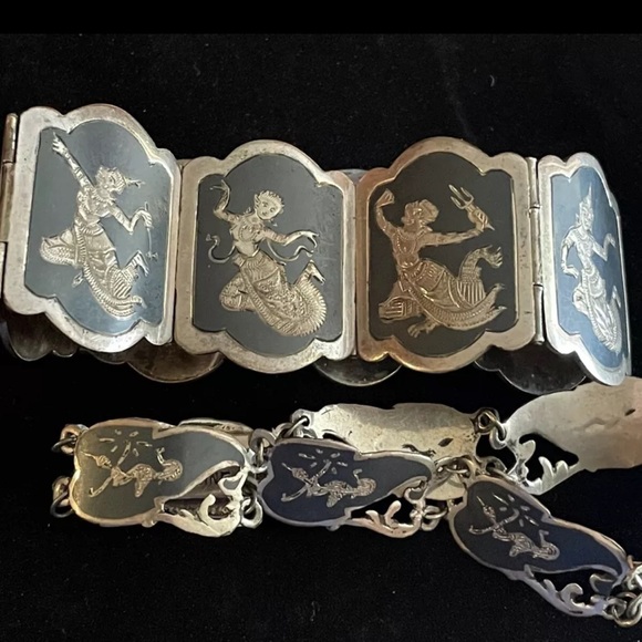 Vintage/Antique Lot Of 2 Siam Sterling Silver Panel Bracelets. Niello Dancer.